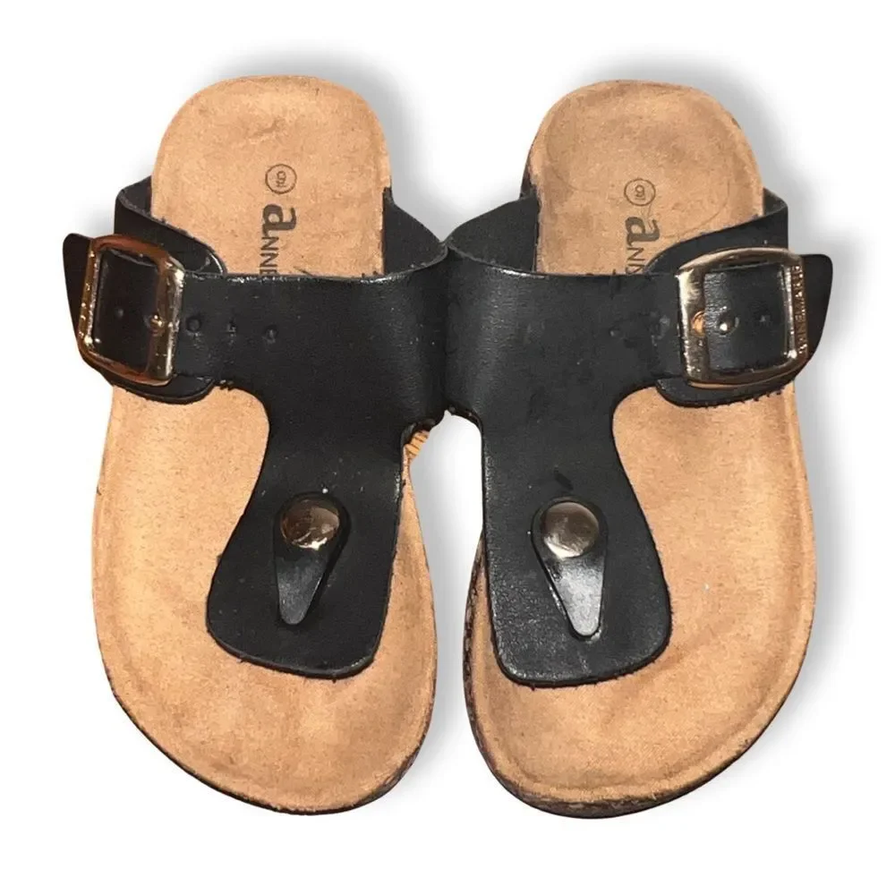 Anne Marie Little Kid Like Birkenstock Sandals Black  Faux Leather Tan Cork Heel